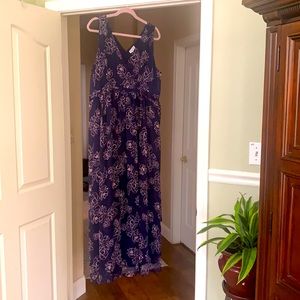 Navy and pink long maternity dress. Tie at waist, zipper back.